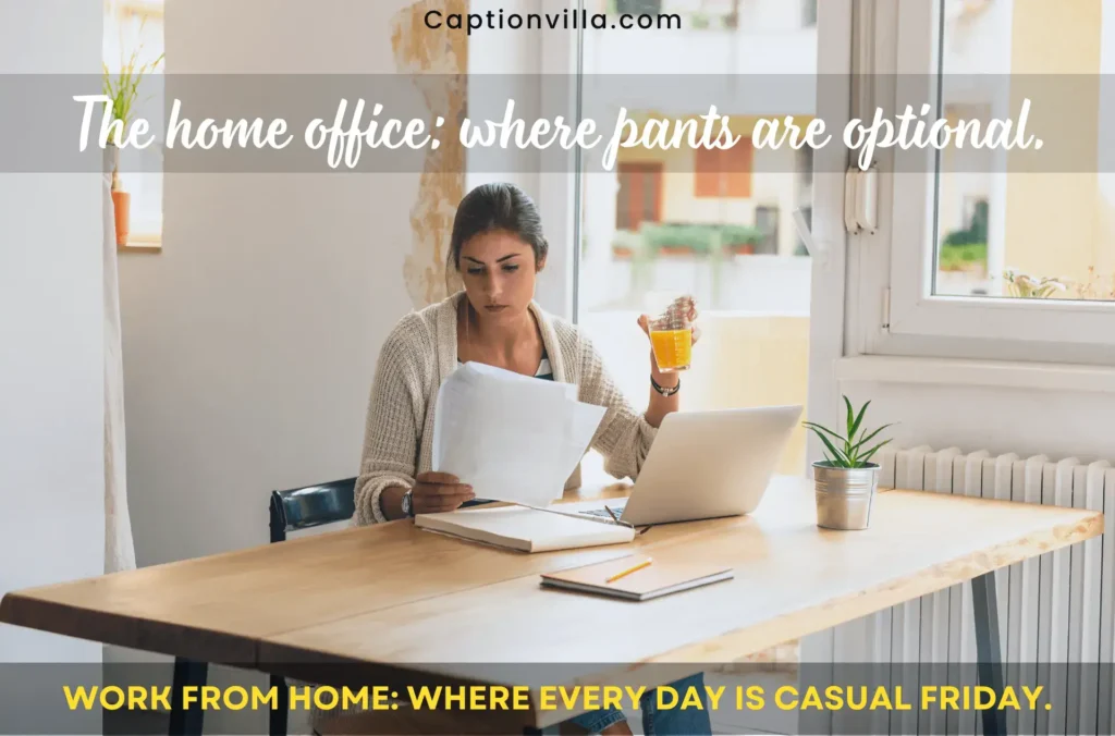 A girl is working in the home office, taking some coffee and also having Best Work From Home Captions For Instagram