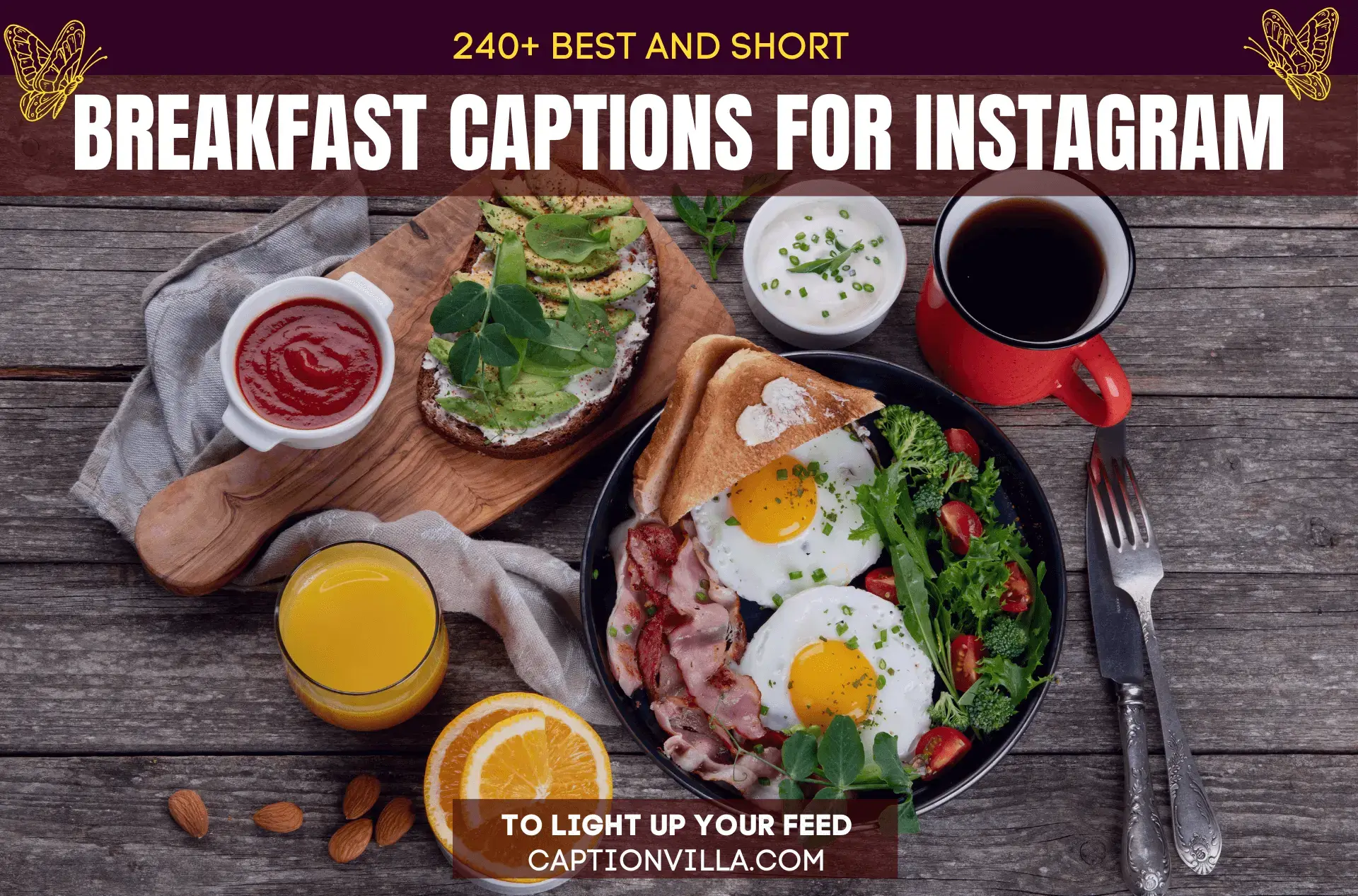 A colorful breakfast plate with a short caption for Instagram.