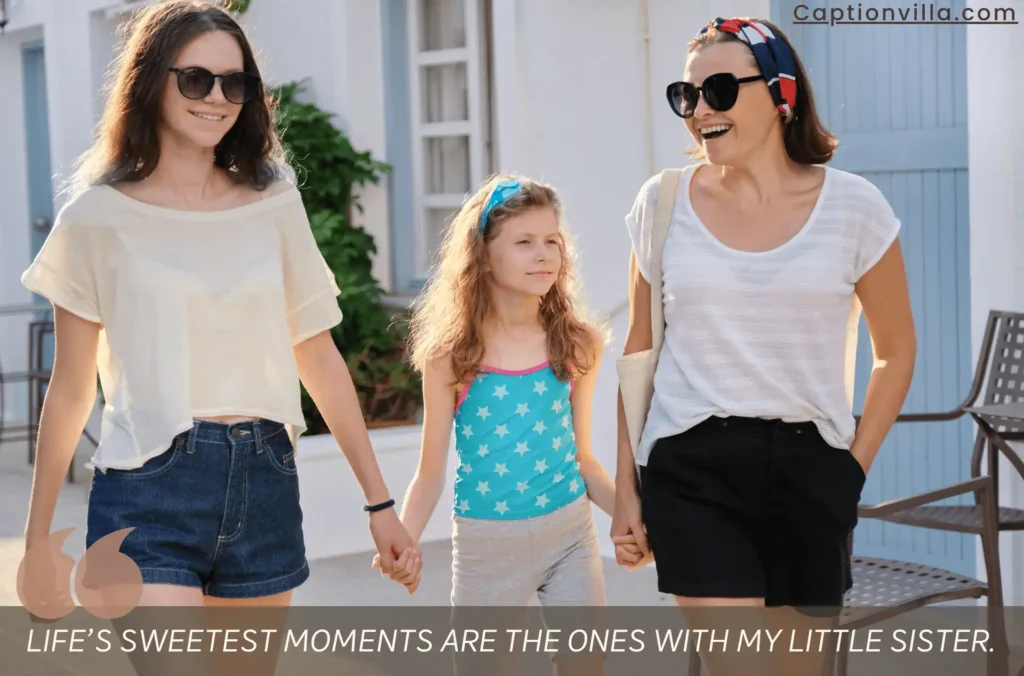 Sisters are with their younger sister and enjoying together, and this image also includes the Little Sister Captions for Instagram.