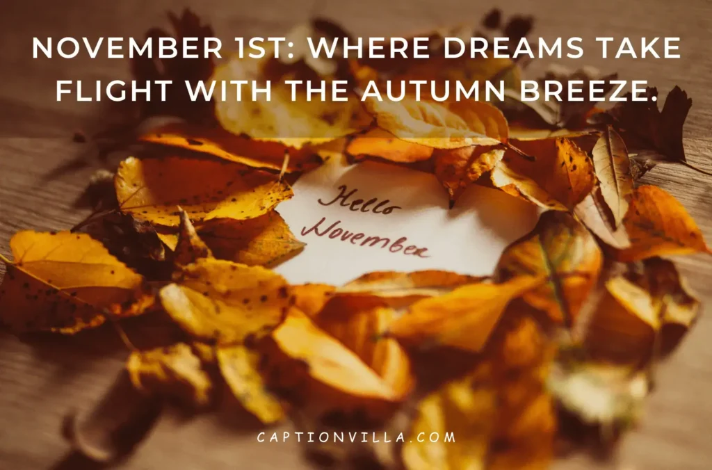 This image for 'November Quotes for Instagram', including falling leaves and text 'hello november'.