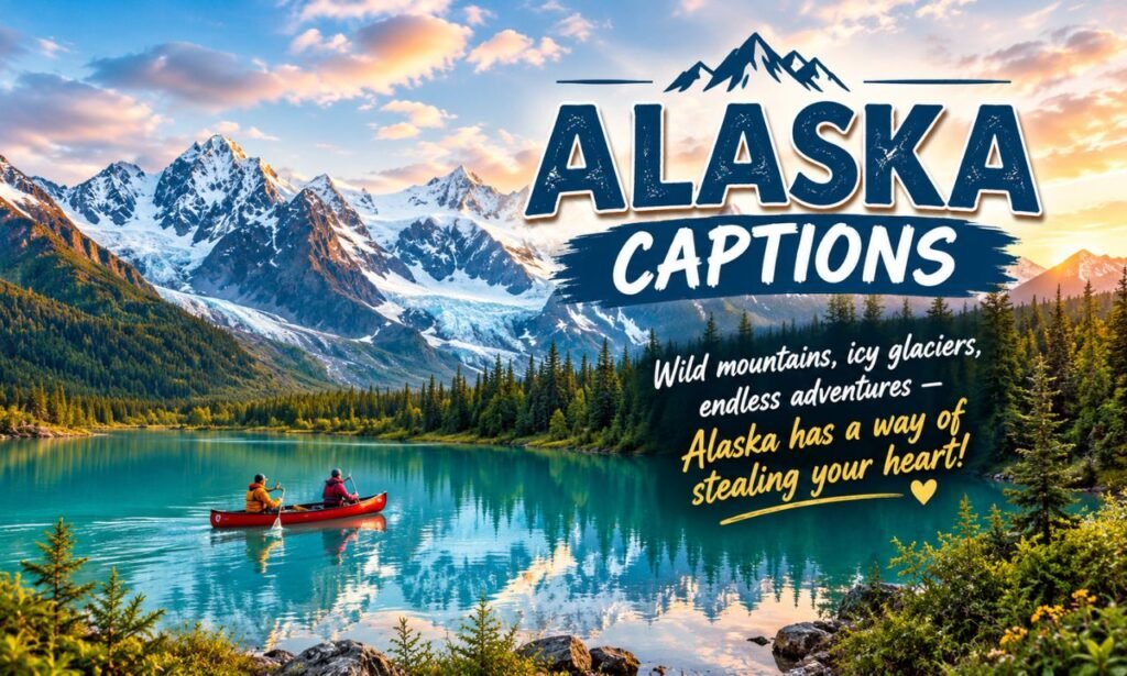 Alaska captions featuring snow-covered mountains, a turquoise lake, evergreen forests, and a scenic canoe adventure.