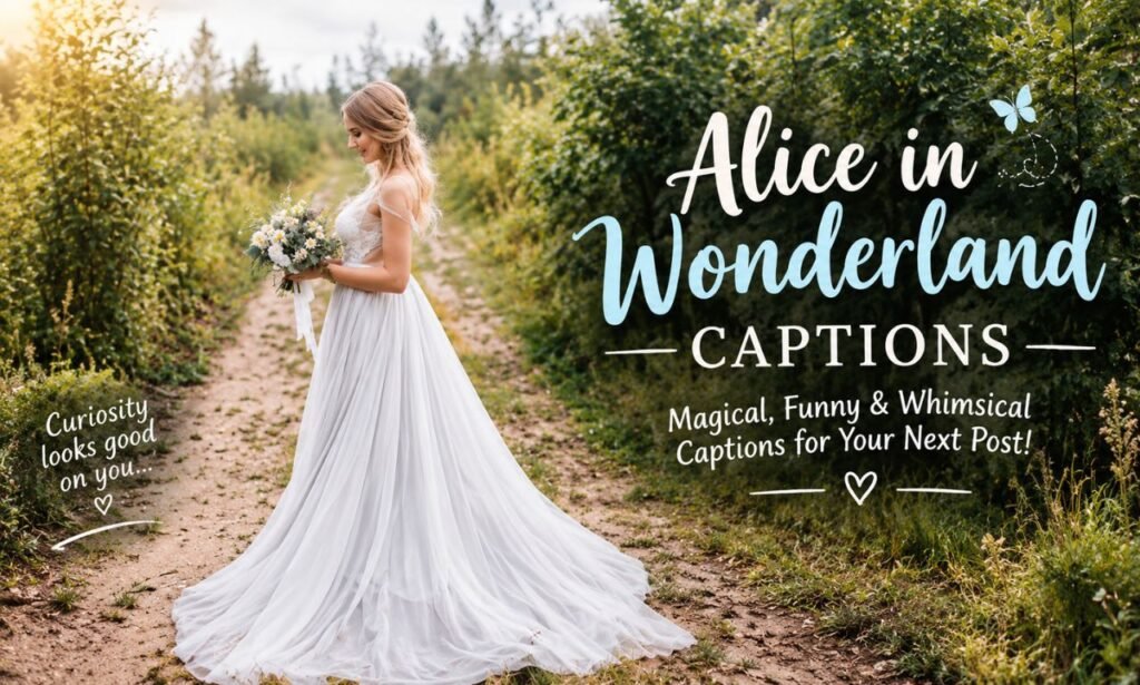 Alice in Wonderland Captions featuring a bride in a flowing white gown on a dreamy garden path with magical, whimsical typography.