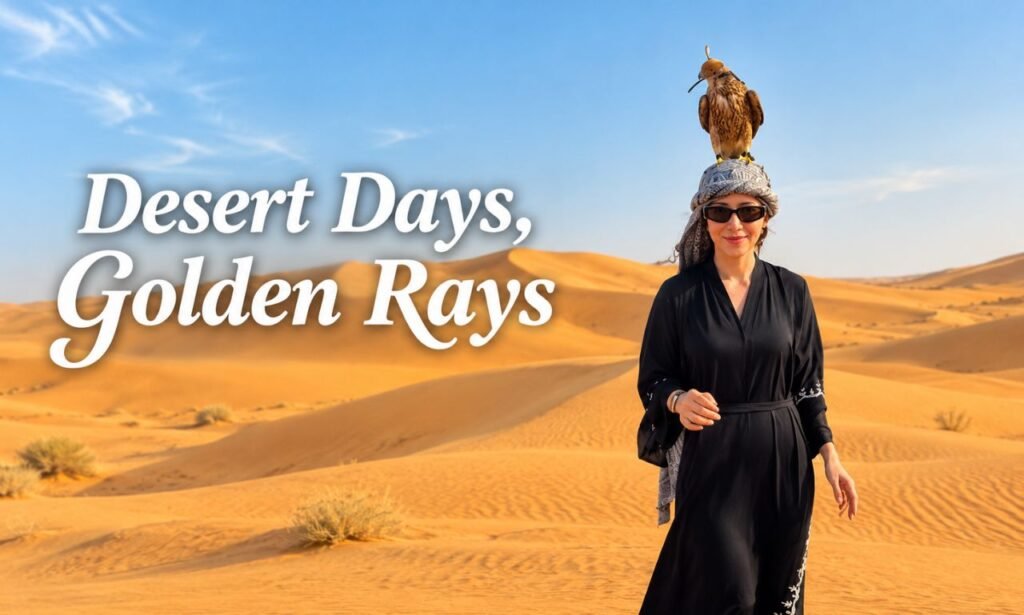 Desert Instagram captions featuring a woman with a falcon in the golden Dubai desert dunes.