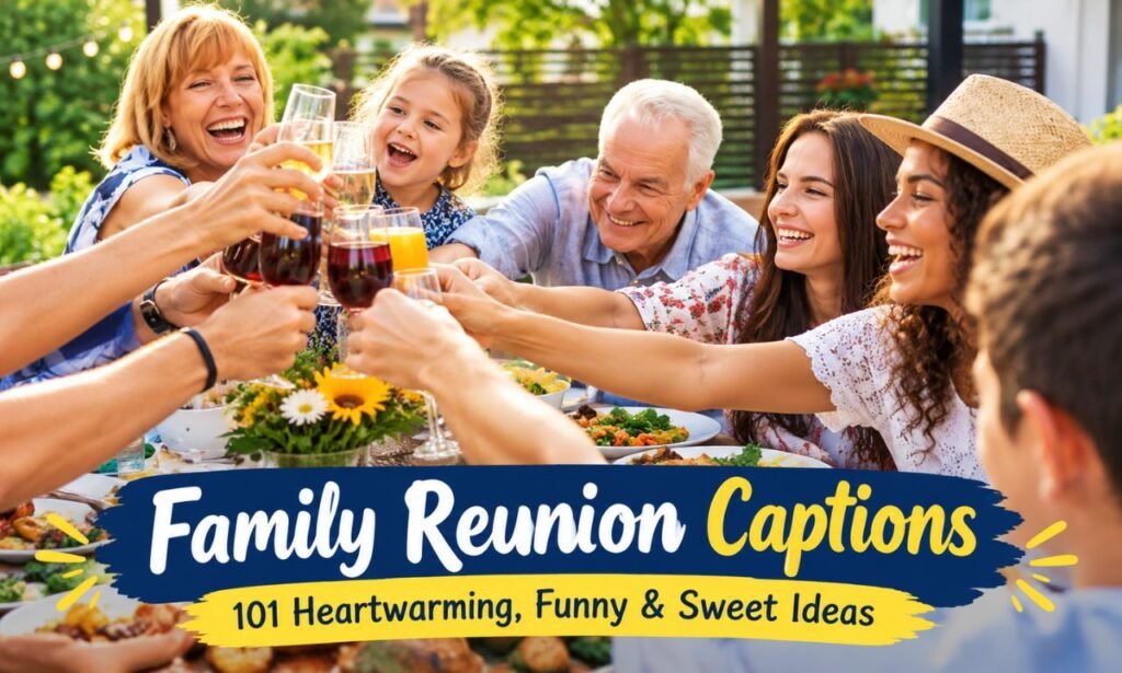 Family Reunion Captions featuring a joyful multigenerational family gathering outdoors.