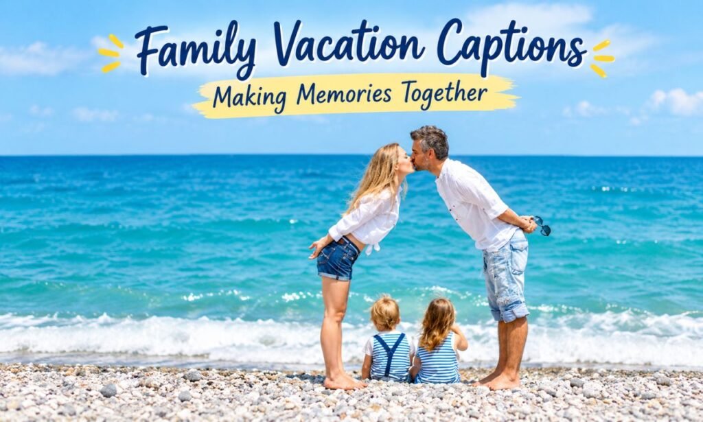 Family Vacation Captions featuring parents and children enjoying a beautiful beach vacation