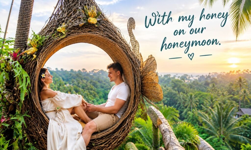 Honeymoon captions featuring a romantic couple enjoying a tropical honeymoon in a woven nest swing.