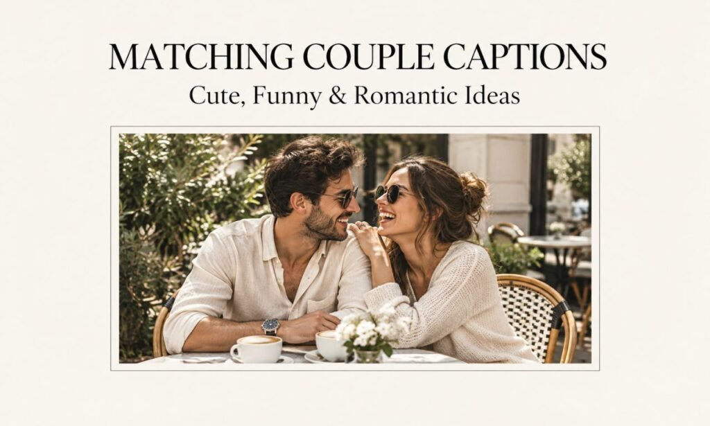 Matching couple captions for Instagram featuring a happy couple enjoying a romantic café date.