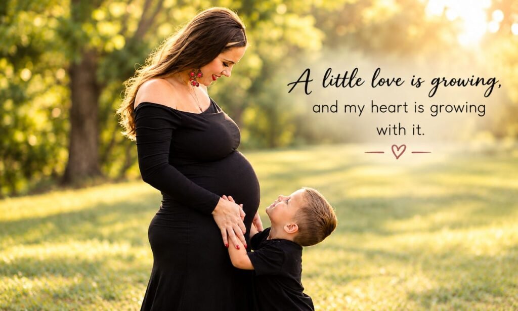 Maternity captions for a mother and son embracing her baby bump.