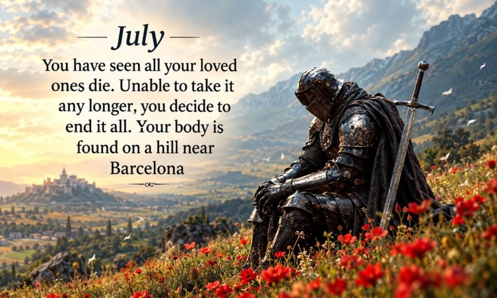 Medieval captions featuring a lonely armored knight resting on a flower-covered hillside near Barcelona