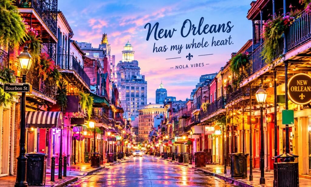 New Orleans captions featuring a vibrant Bourbon Street scene with historic buildings, colorful lights, balconies, and a glowing evening skyline.