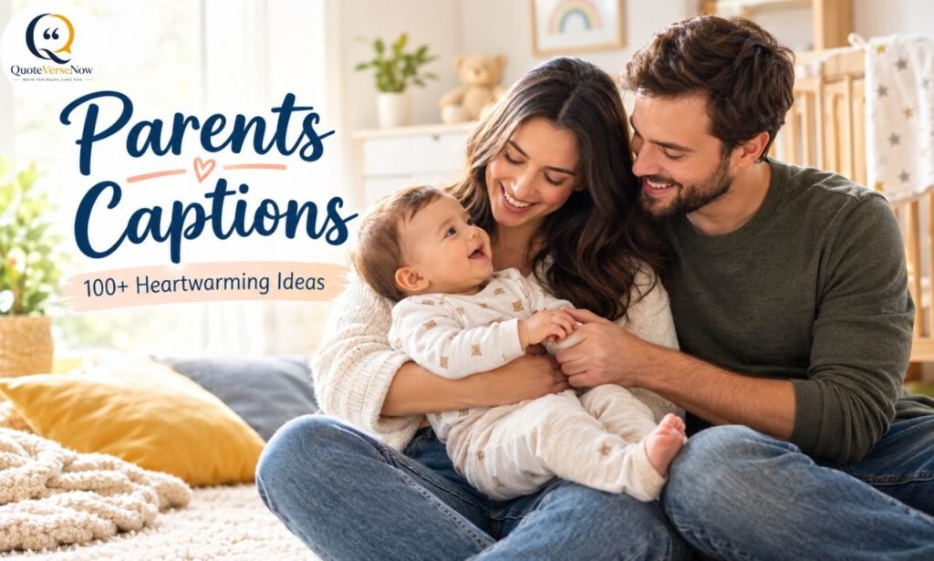 Parents captions featuring a loving couple holding their baby.