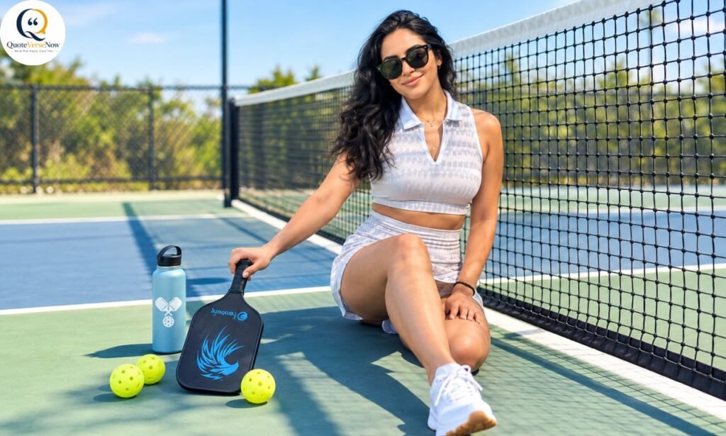 Pickleball captions featuring a woman posing on a sunny pickleball court with a paddle