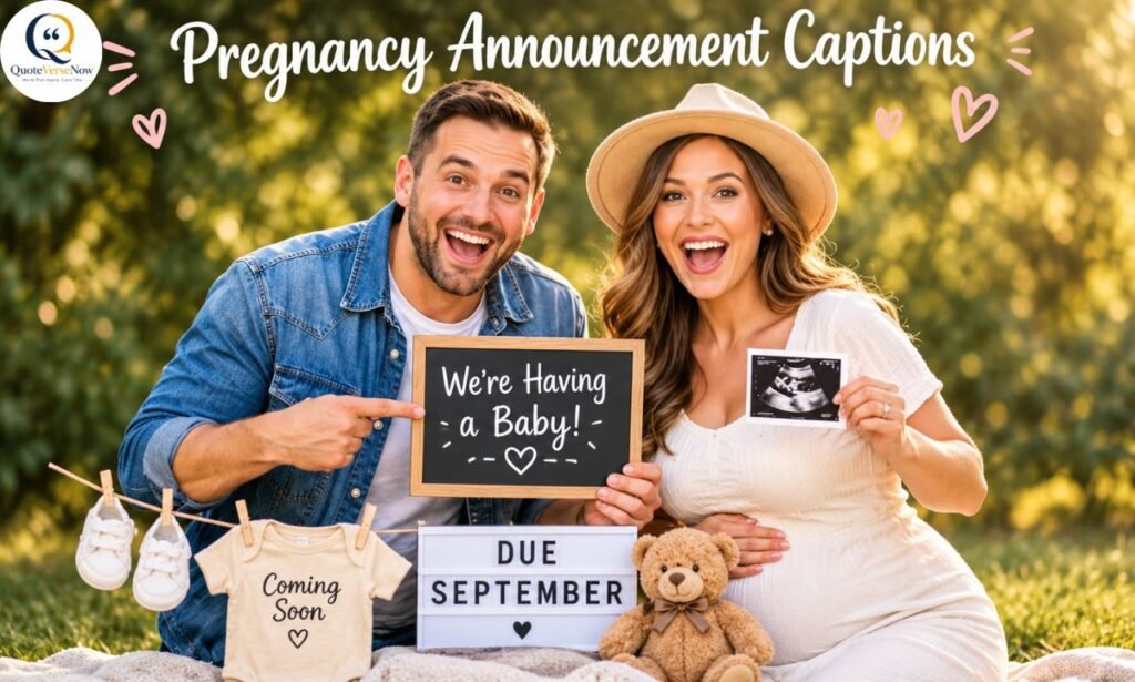 Pregnancy captions announcement with a happy couple sharing their baby news