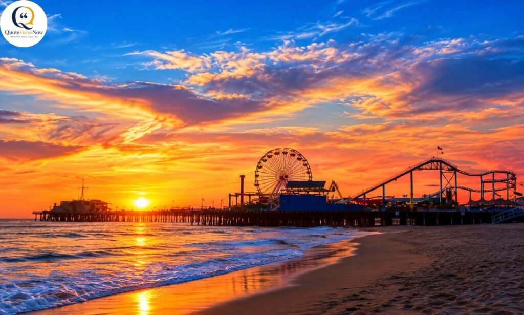 Santa Monica captions for a sunset photo of the iconic Pier, Ferris wheel, and beach.