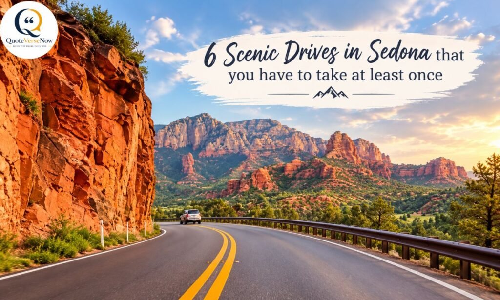 Sedona Arizona Captions featuring a scenic drive through stunning red rock mountains and winding roads.
