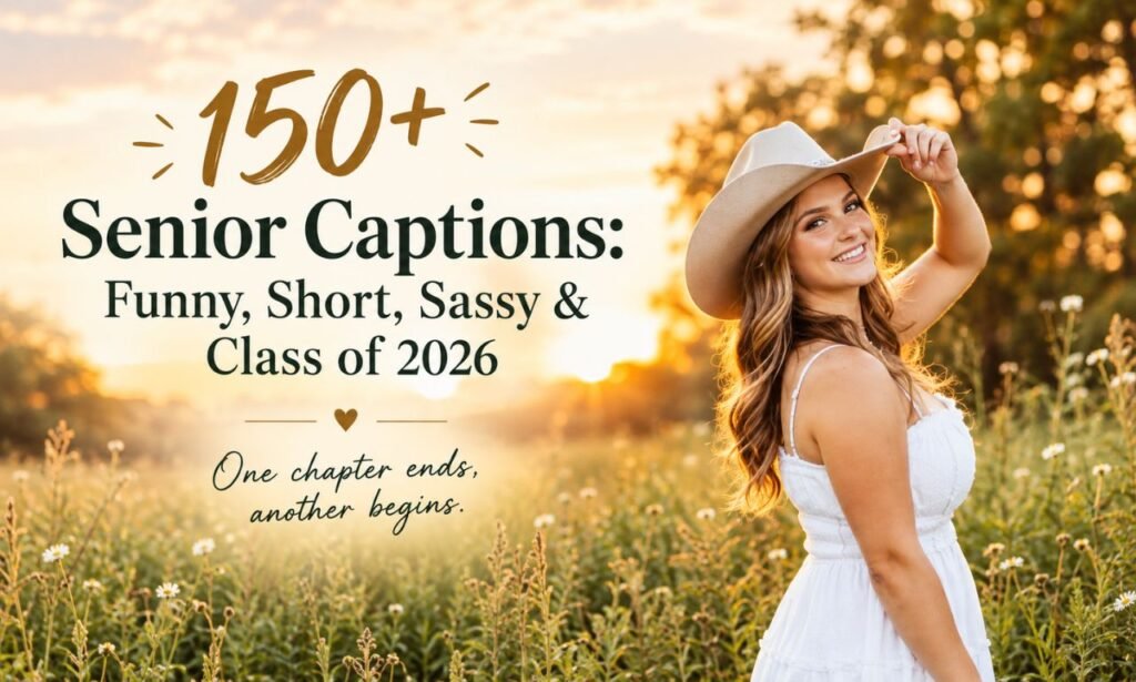 Senior captions for Instagram featuring a young woman in a white dress during a golden-hour senior photo shoot