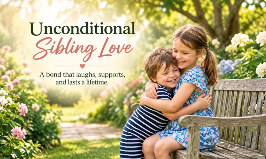 Two siblings hugging on a wooden bench in a beautiful garden with the quote “Unconditional Sibling Love” displayed beside them.