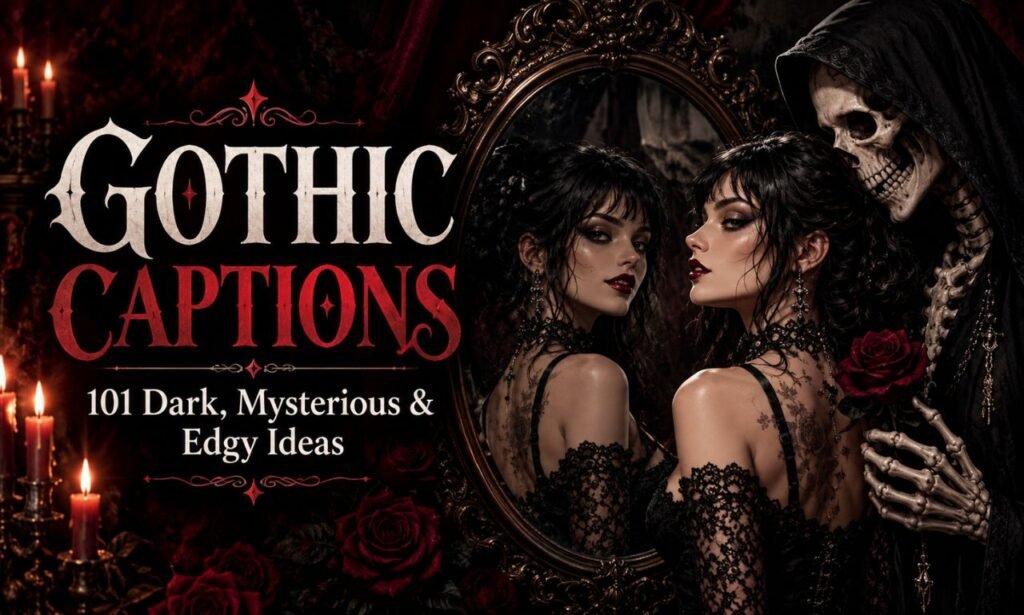 Gothic captions featured image with a dark, mysterious woman in black lace beside an antique mirror and red roses.