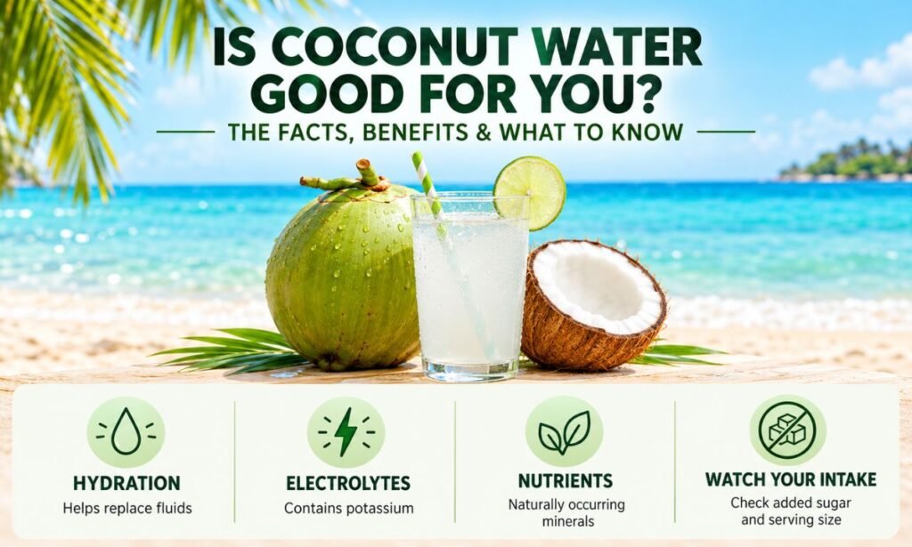 oconut captions infographic featuring fresh coconut water, tropical coconuts, hydration, and key nutrients.
