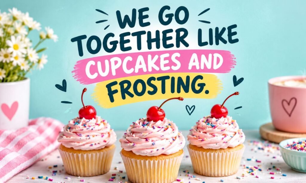 Cupcake captions featuring the quote “We Go Together Like Cupcakes and Frosting” with pink-frosted cupcakes.