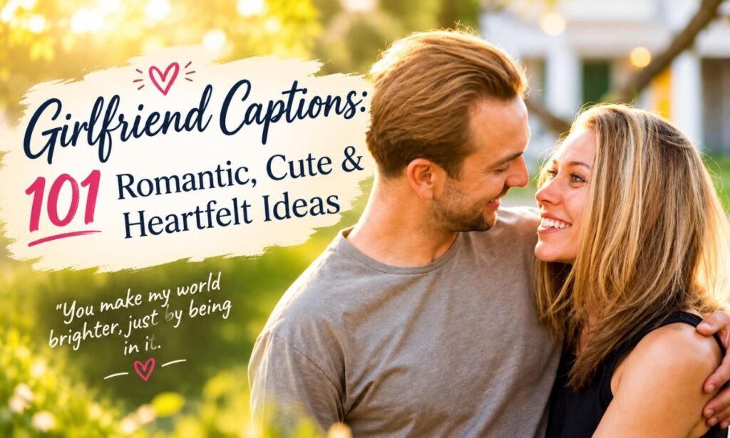 Girlfriend Captions: 101 Romantic, Cute & Heartfelt Ideas with a smiling couple embracing in warm sunlight.