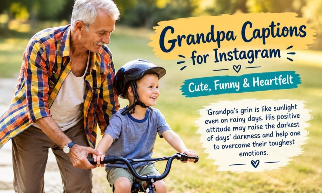 Grandpa captions for Instagram featuring a grandfather helping his grandson ride a bicycle.