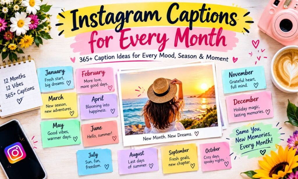 Instagram captions for every month featuring colorful seasonal caption ideas from January to December.