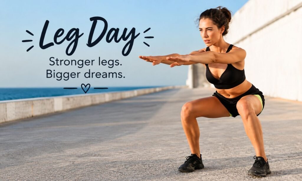 Leg day captions featuring a woman doing squats during an outdoor workout by the sea.