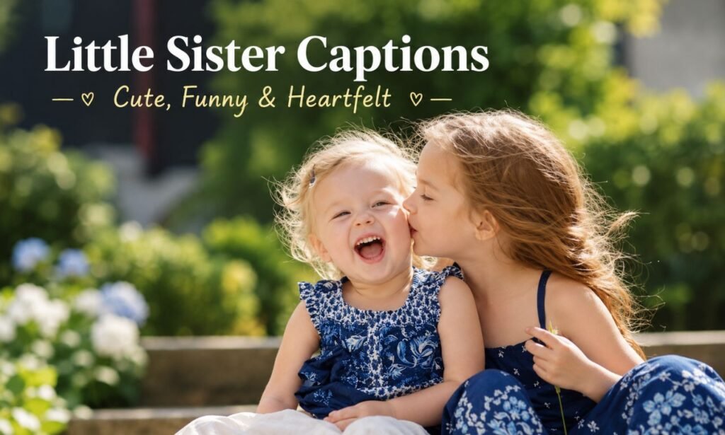 Little sister captions featuring an older sister kissing her laughing baby sister outdoors.