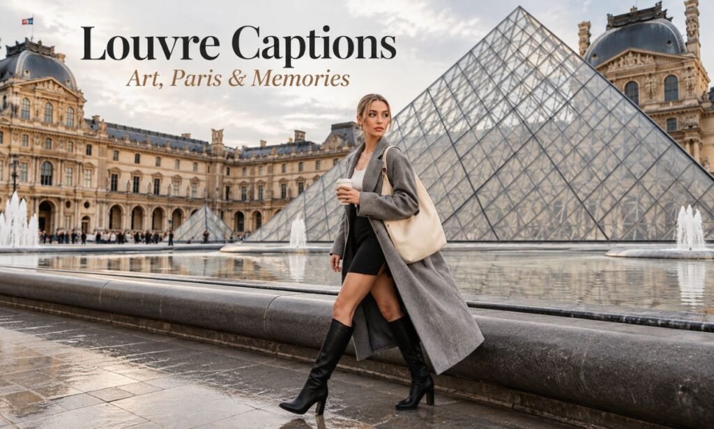 Louvre captions featuring a stylish woman posing in front of the Louvre Pyramid in Paris.