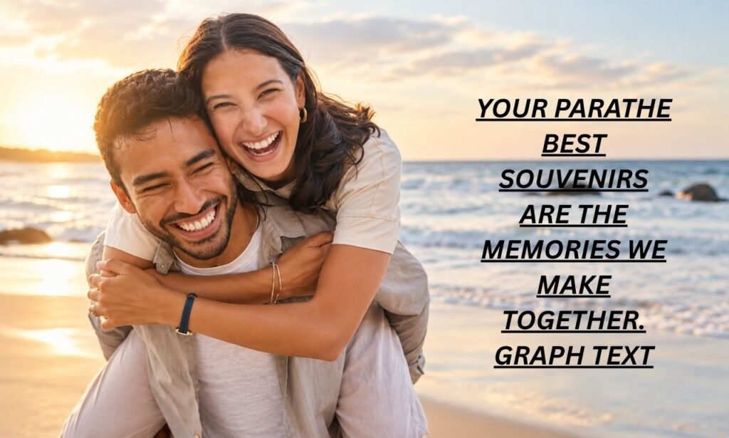 Love quotes captions featuring a happy couple laughing together on a beach at sunset.