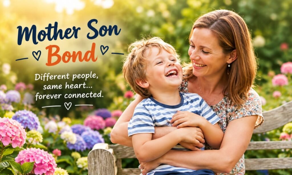 Mother and son sharing a joyful embrace in a garden — mother son captions