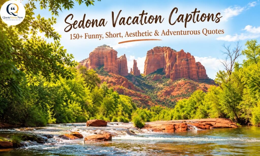 Sedona vacation captions with red rock mountains, a scenic river, and lush green trees