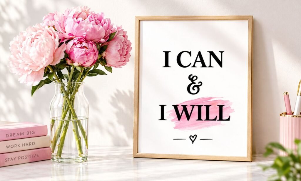 Pink peonies beside a framed “I Can & I Will” inspirational quote on a bright minimalist desk.